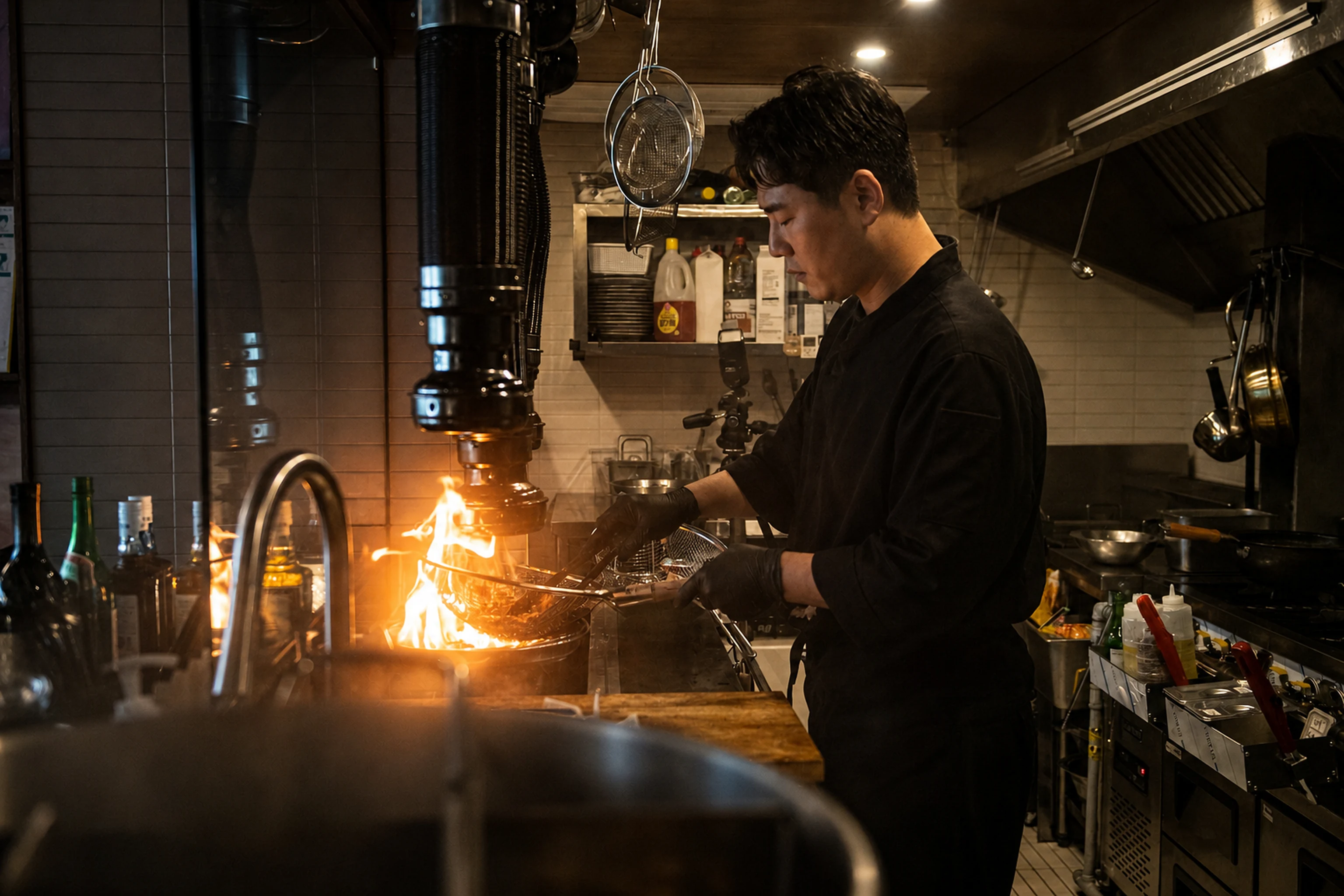 참숯 앞에서 자루야키를 굽는 자루야키용산로 주방